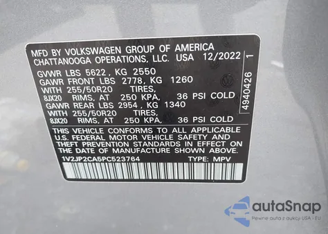 2023 Volkswagen Atlas 2.0T Se W/Technology from USA, damaged, VIN 1V2JP2CA5PC523764